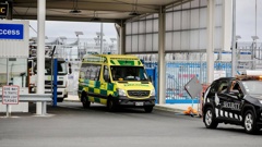 An ambulance leaving Auckland International Airport after a number of passengers were injured during a LATAM flight from Sydney to Auckland New Zealand Herald photograph by Dean Purcell 11 March 2024