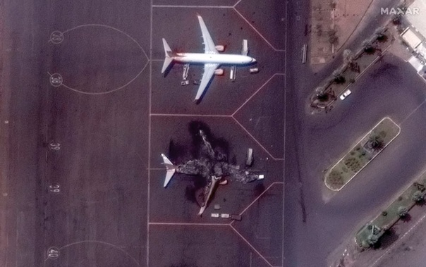 This satellite image provided by Maxar Technologies shows a destroyed Ukrainian airplane in Khartoum International Airport, Sudan on Monday. Photo / AP