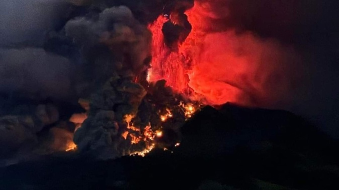 Monstrous eruption of Ruang volcano, North of Sulawesi, Indonesia with ash reaching 63,000ft or 19,000m into atmosphere. Photo / X Karnataka Weather