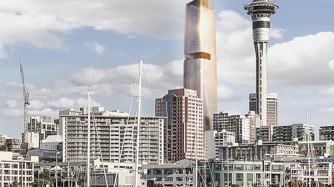 An artist's impression of the new 55-level tower, seen next to the Sky Tower. Photo / Supplied