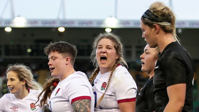 England's Poppy Cleall celebrates one of four rolling-maul tries by the English pack. (Photo / Photosport)