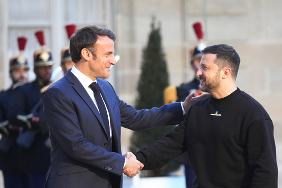 French President Emmanuel Macron, right, welcomes Ukrainian President Volodymyr Zelenskyy at the Elysee palace in Paris, Sunday, May 14, 2023. Photo / AP