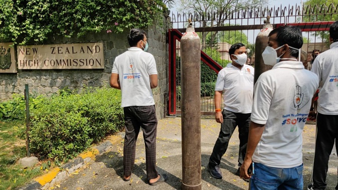 Indian Youth Congress members deliver oxygen supplies to the New Zealand High Commission in New Delhi. (Photo / Supplied)