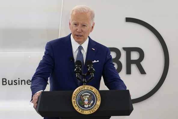 President Joe Biden speaks at Business Roundtable's CEO Quarterly Meeting, Monday, March 21, in Washington. Leaders, including Biden, arrived to NATO headquarters on March 23 intent on demonstrating unity amid Russia's aggression. (Photo / AP)