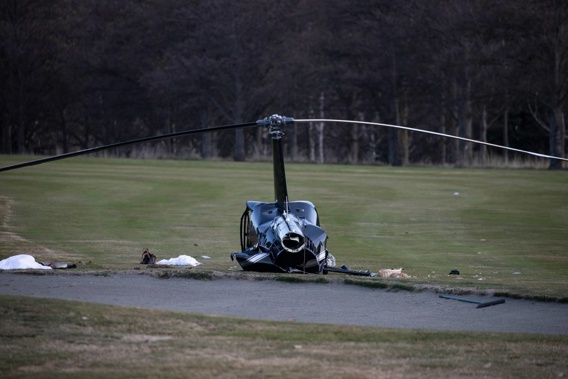 The Robinson helicopter that crashed at Terrace Downs in Canterbury on Saturday afternoon. Photo / George Heard
