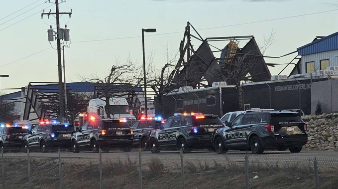 Authorities respond to the scene of hangar collapse at the Boise Airport. Photo / AP