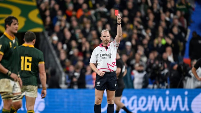 Wayne Barnes sending All Blacks captain Sam Cane off in last year's Rugby World Cup 2023 final against South Africa in France. Photo / Photosport