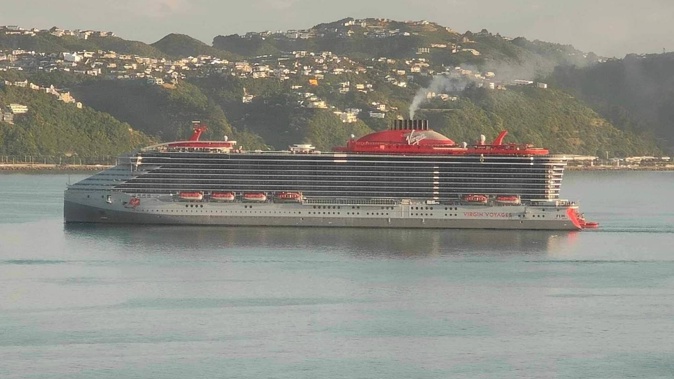 Richard Branson's cruise ship Resilient Lady sails into Wellington.