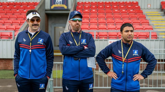Jason Sudeikis, Brendan Hunt and Nick Mohammed in Ted Lasso. Photo / Supplied