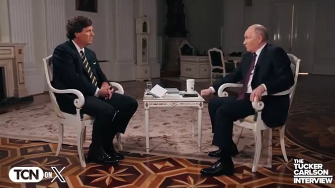 Former Fox News host Tucker Carlson interviews Russian President Vladimir Putin on 6/02/2024. Photo / via X