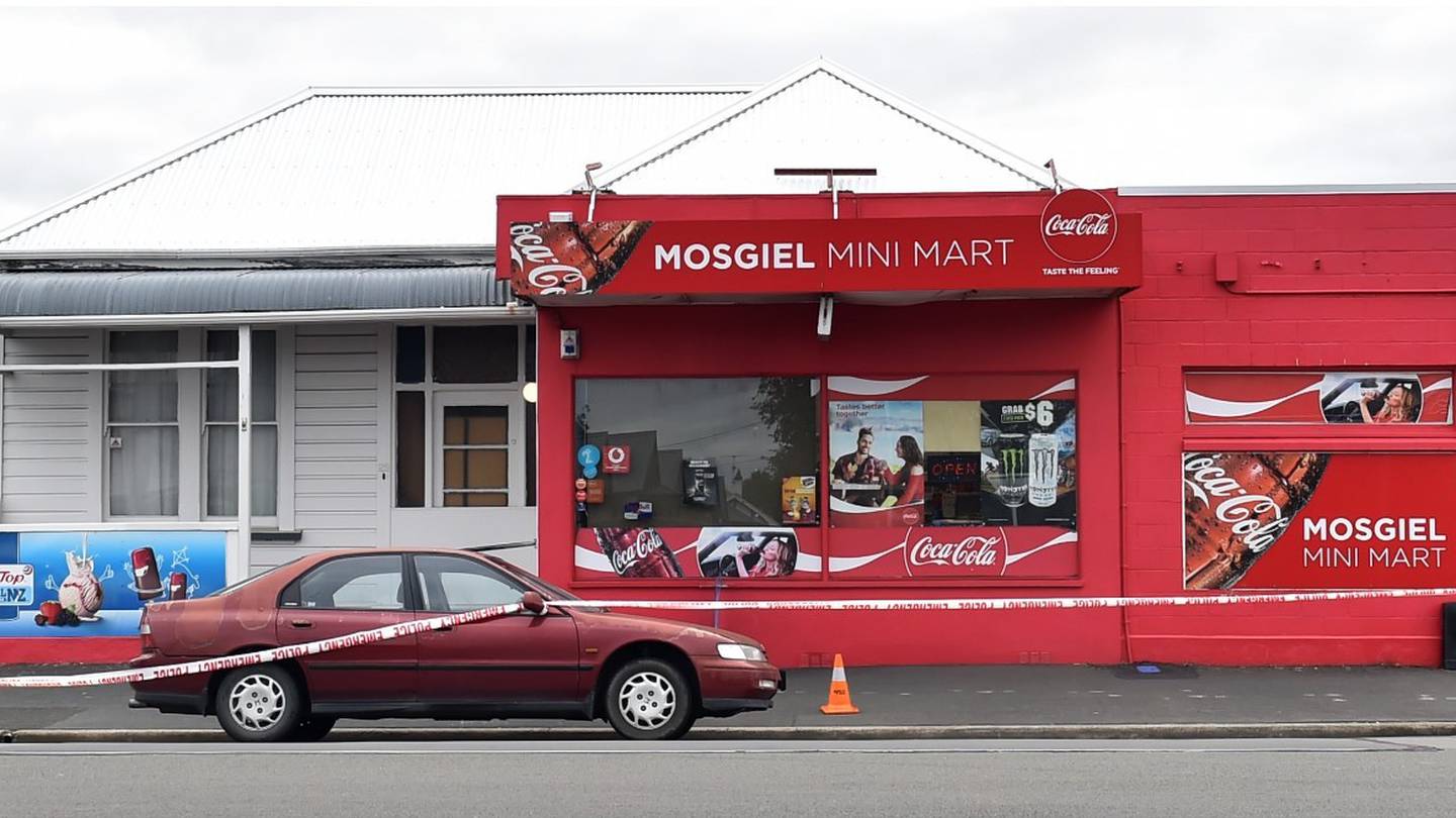 Officers are at the Mini Mart today to complete a scene examination. Photo / Peter McIntosh