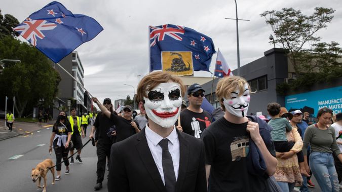 Participants in the Freedom and Rights Coalition New Zealand Lockdown Vaccination protest march from Auckland Domain. (Photo / Brett Phibbs)