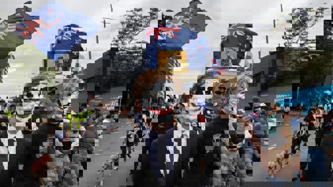 Participants in the Freedom and Rights Coalition New Zealand Lockdown Vaccination protest march from Auckland Domain. (Photo / Brett Phibbs)