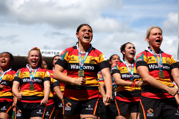 Waikato perform a post match haka with the Farah Palmer Cup following the Farah Palmer Cup Final match between Waikato and Canterbury at FMG Stadium Waikato, on October 05, 2024, in Hamilton, New Zealand. (Photo by Phil Walter/Getty Images