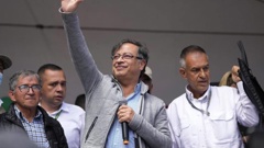 Gustavo Petro waves at supporters during a closing campaign rally in Zipaquira, Colombia. Photo / AP