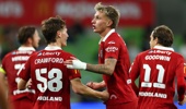 Luka Jovanović of Adelaide United celebrates after scoring a goal during the round 26 A-League Men match between Melbourne City and Adelaide United at AAMI Park, on April 26, 2026, in Melbourne, Australia. (Photo by Robert Cianflone/Getty Images)