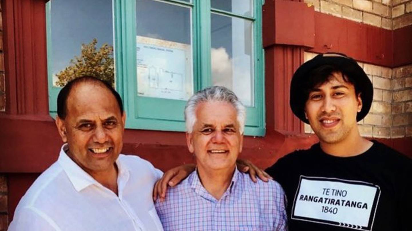 Labour Minister for Māori Development Willie Jackson with his uncle Dr Moana Jackson, and nephew Hikurangi Jackson. (Photo / Supplied)