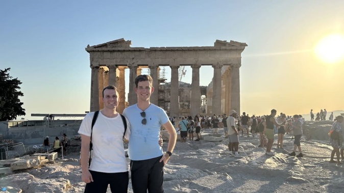 David (right), a Kiwi currently travelling through Europe, said the extreme heat has "felt like being in an oven". Photo / Supplied