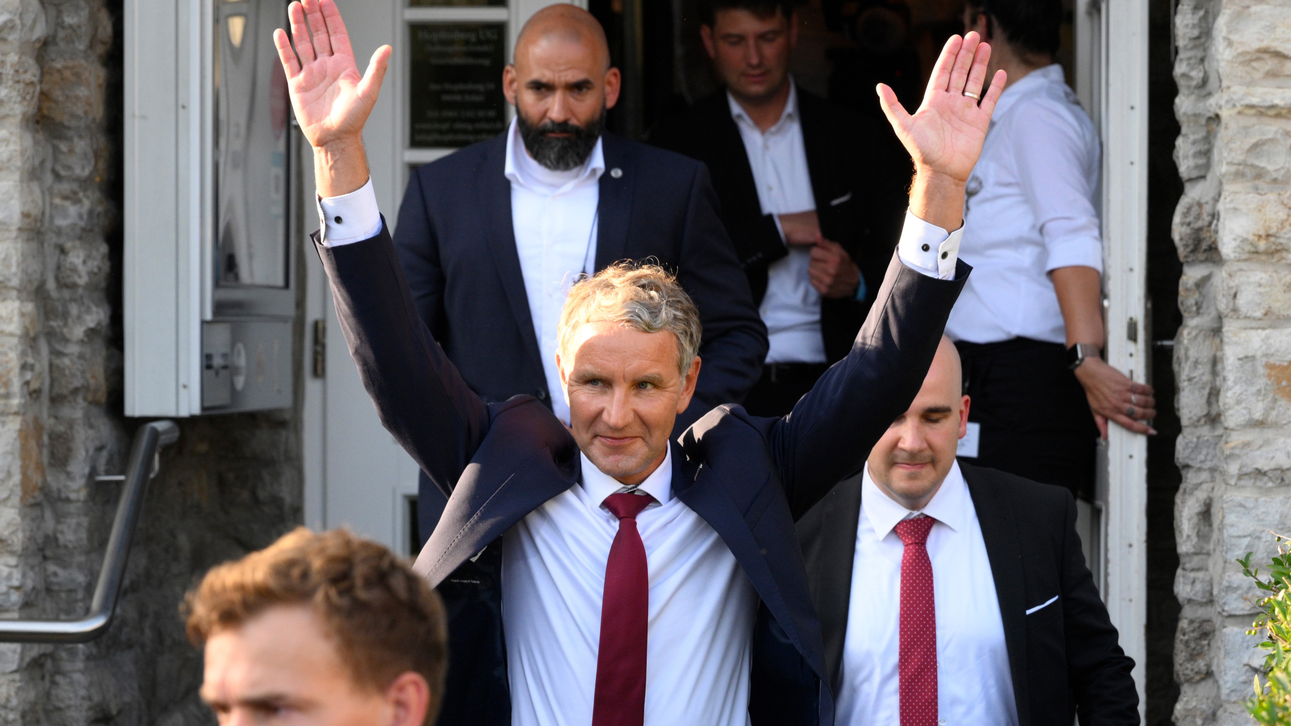 Björn Höcke, party and parliamentary group leader of the AfD in Thuringia and top candidate, leaves the AfD election party. The election party took place in Thuringia on Sunday. Photo: Daniel Vogl/dpa (Photo by Daniel Vogl/picture alliance via Getty Images)