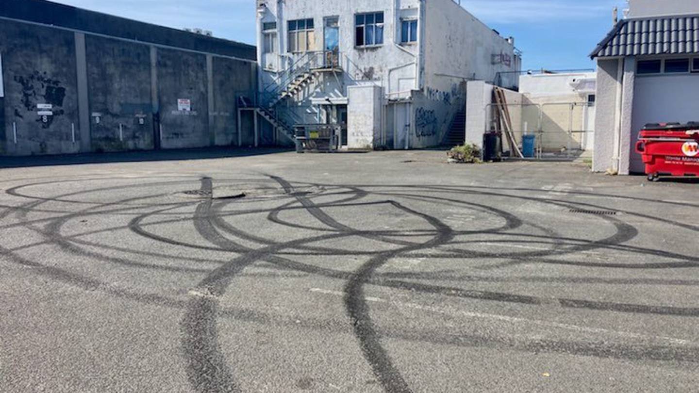 The result of burnouts and boy racer activity in a vacant car park in central Hastings over the weekend. Photo / Paul Taylor
