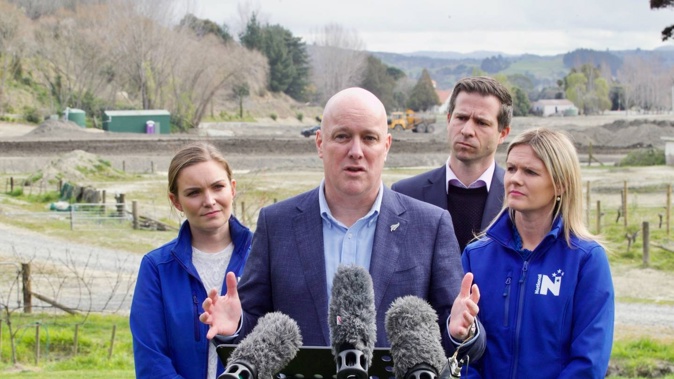 PM Christopher Luxon duirng a media stand-up in Hawke's Bay following the impact of Cyclone Gabrielle earlier this year. Photo / Warren Buckland