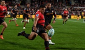 Ioane Moananu of the Crusaders kicks the ball during the Super Rugby Pacific - Crusaders v Chiefs at Apollo Projects Stadium, Christchurch, New Zealand, 10th May 2025. Copyright photo: John Davidson / www.photosport.nz