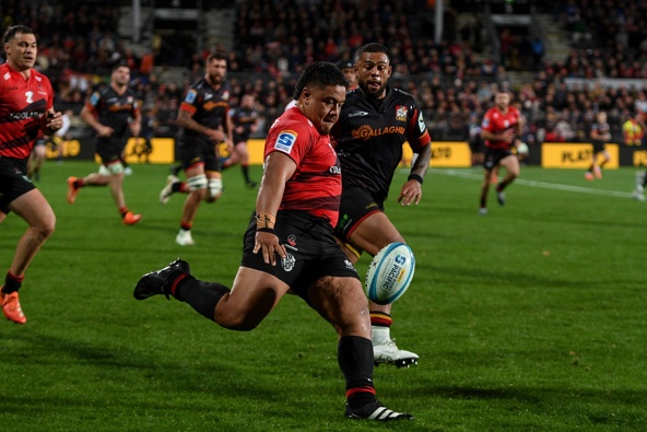 Ioane Moananu of the Crusaders kicks the ball during the Super Rugby Pacific - Crusaders v Chiefs at Apollo Projects Stadium, Christchurch, New Zealand, 10th May 2025. Copyright photo: John Davidson / www.photosport.nz