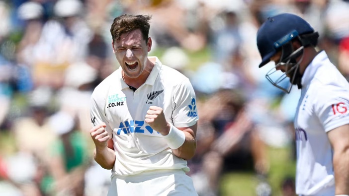 Matt Henry celebrates the wicket of Ben Duckett on the second morning of the third test against England. Photo / Photosport