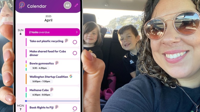 PAM app developer Nicole Retter with her children Meihana and Bowie with mum's little helper APP. Photo / Supplied