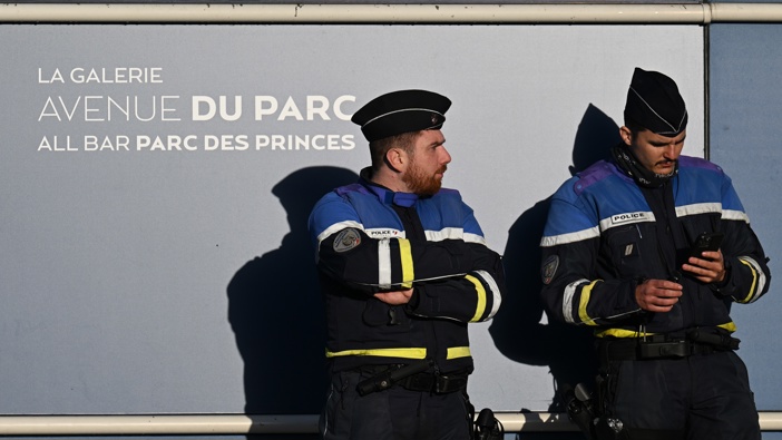 Police are stationed outside the stadium as security increases at Parc des Princes on April 09, 2024 in Paris, France. Photo / Getty