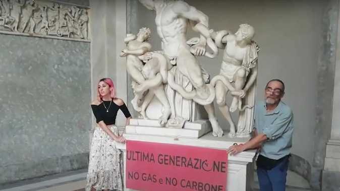 Climate change protesters glued their hands on the Roman statue of Laocoön and His Sons, one of the masterpieces of the Vatican Museums collection. Photo / AP