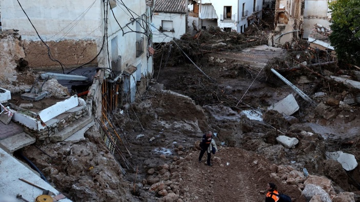 A picture taken yesterday shows a street devastated by floods in Letur, southwest of Valencia in eastern Spain. Photo / AFP