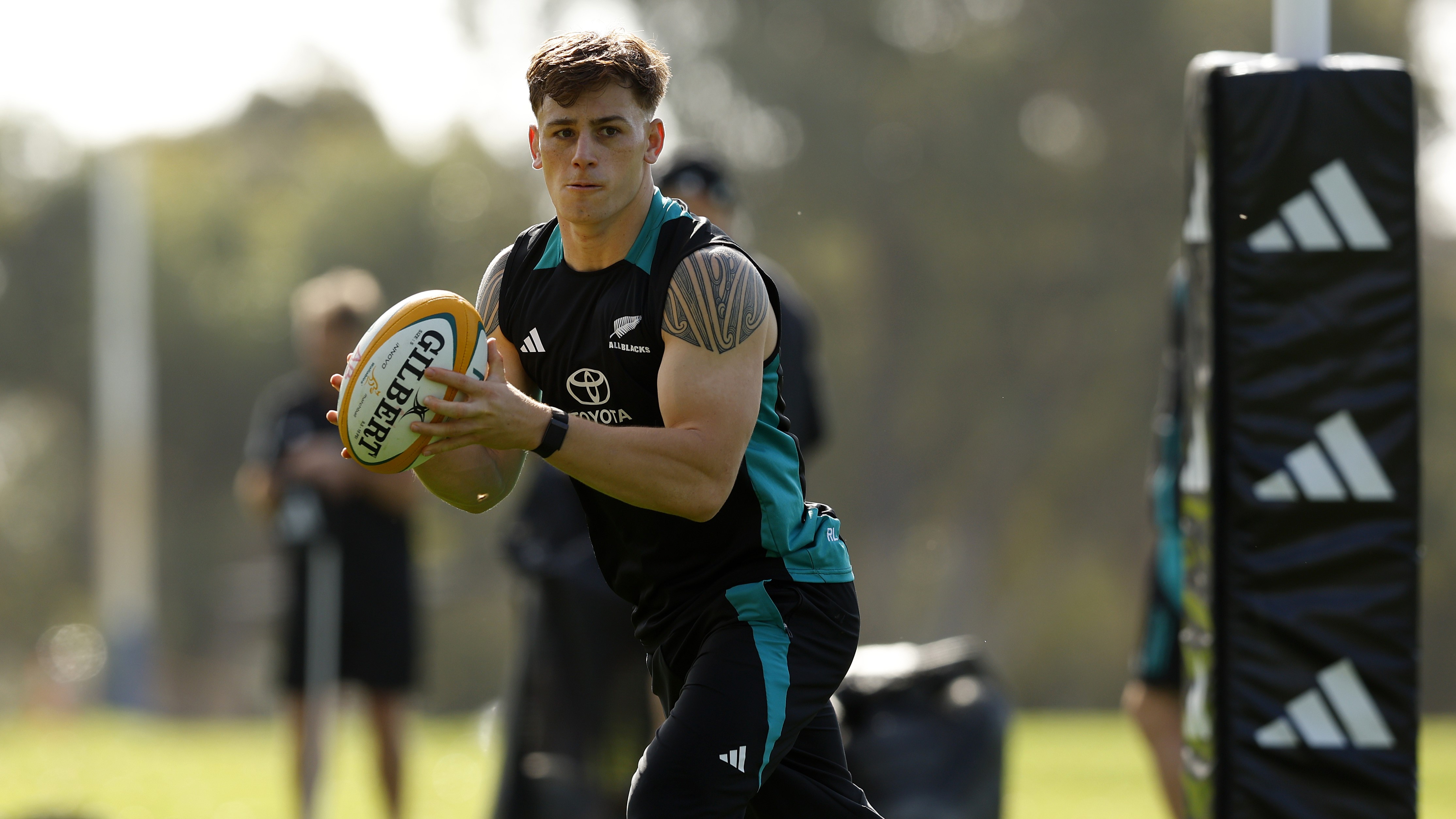 Ruben Love of the blacks passes the ball during a New Zealand All Blacks captain's run at Hale School on October 03, 2025 in Perth, Australia. (Photo by James Worsfold/Getty Images)