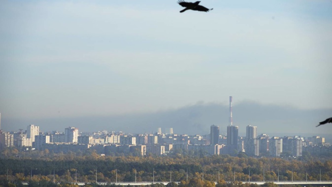 Smoke rises after Russian shelling in Kyiv. Photo / AP