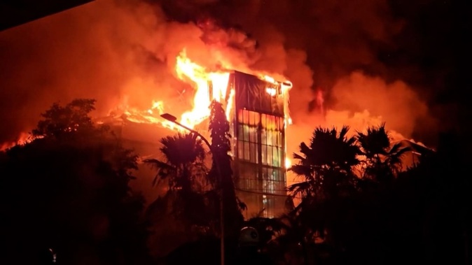 A Makassar council building is torched during protests in Indonesia on Saturday. Photo / X video