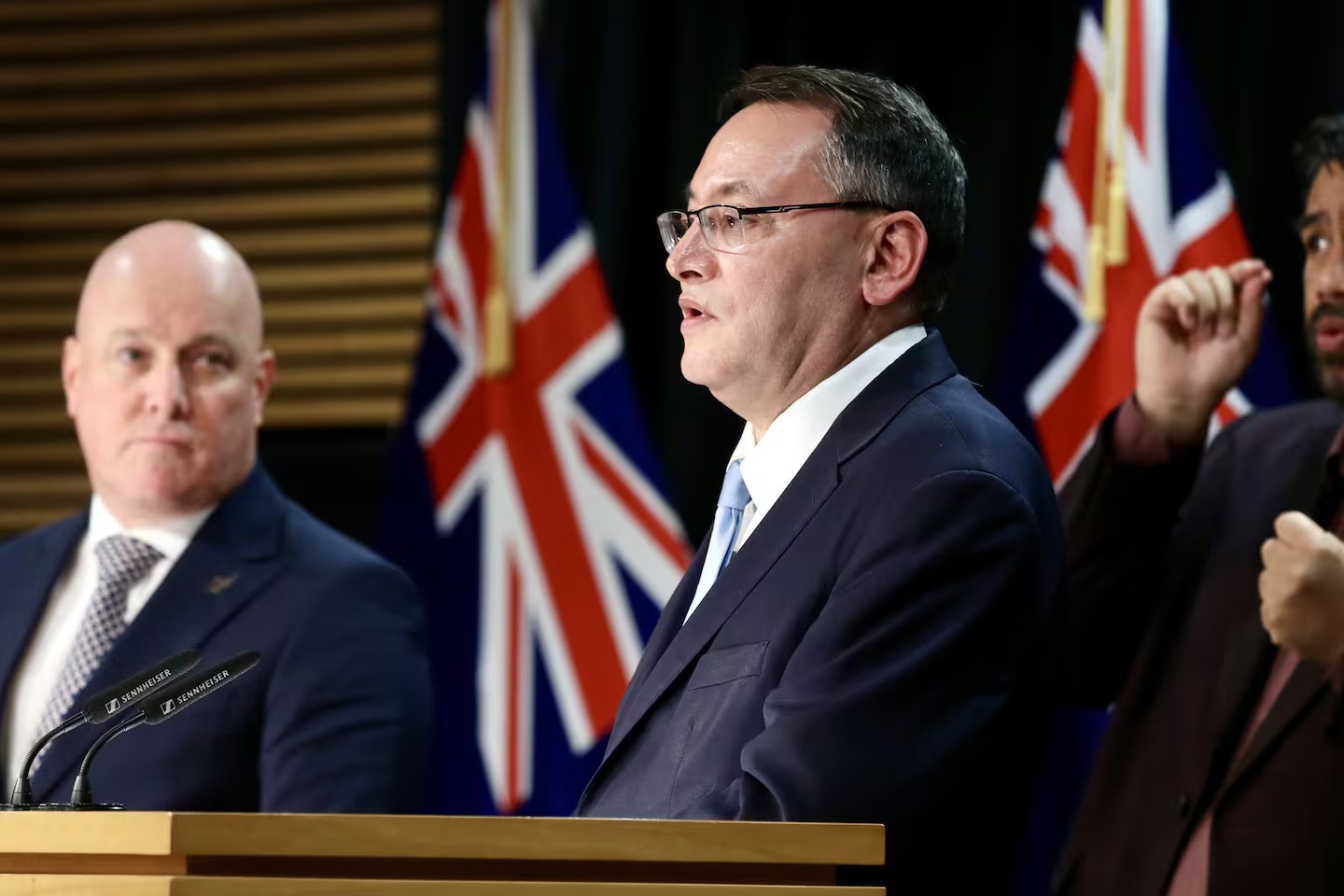Prime Minister Christopher Luxon and Health Minister Dr Shane Reti announce a major shake up of the Health NZ board at the Beehive today. Photo / Mark Mitchell