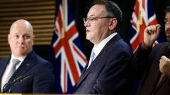 Prime Minister Christopher Luxon and Health Minister Dr Shane Reti announce a major shake up of the Health NZ board at the Beehive today. Photo / Mark Mitchell