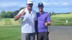 Frazer Bond, right, is to attempt 300 holes at Gulf Harbour Country Club in one day. Photo / Supplied