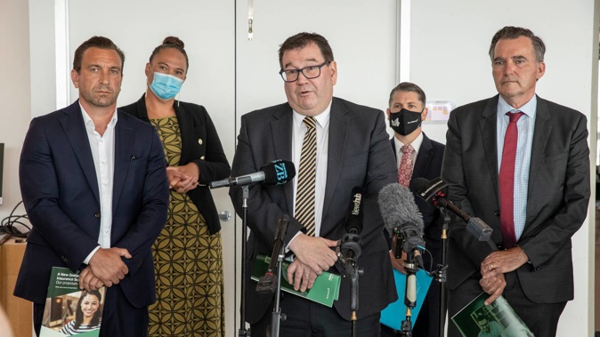 Business NZ chief executive Kirk Hope (left) with Social Development and Employment Minister Carmel Sepuloni, Finance Minister Grant Robertson, Workplace Relations Minister Michael Wood and CTU President Richard Wagstaff. (Photo / Mark Mitchell)