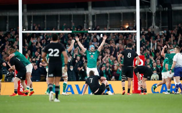 Ireland players celebrate their 29-20 victory over New Zealand in the international rugby union match between Ireland and New Zealand. Photo / AP