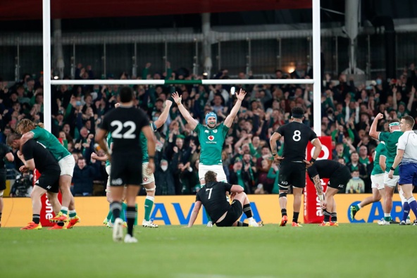 Ireland players celebrate their 29-20 victory over New Zealand in the international rugby union match between Ireland and New Zealand. Photo / AP