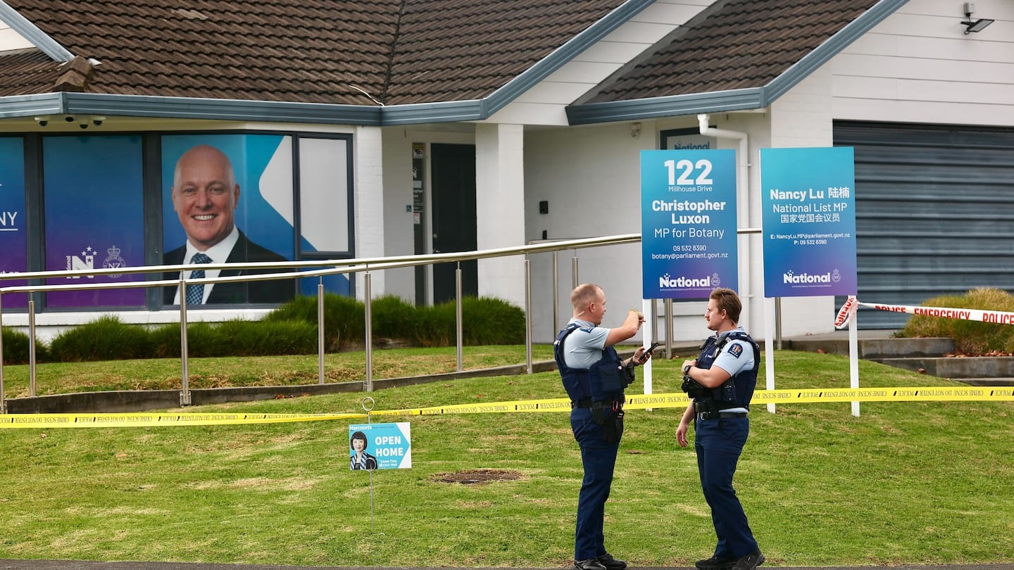 Police have cordoned off Christopher Luxon's electoral office in Botany. Photo / Dean Purcell