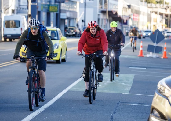 Cyclists using the newly installed cycleway along Thorndon Quay. Photo / Mark Mitchell