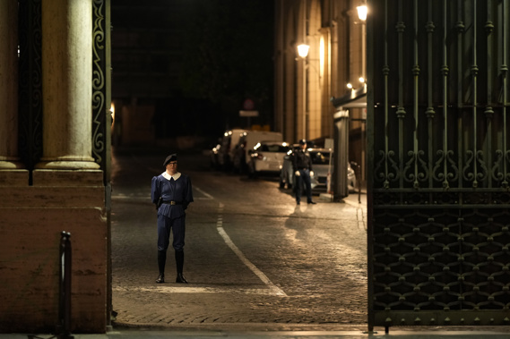 A Swiss Guard officer patrols the Santa Anna gate at the Vatican late Thursday, May 18, 2023. Photo / AP