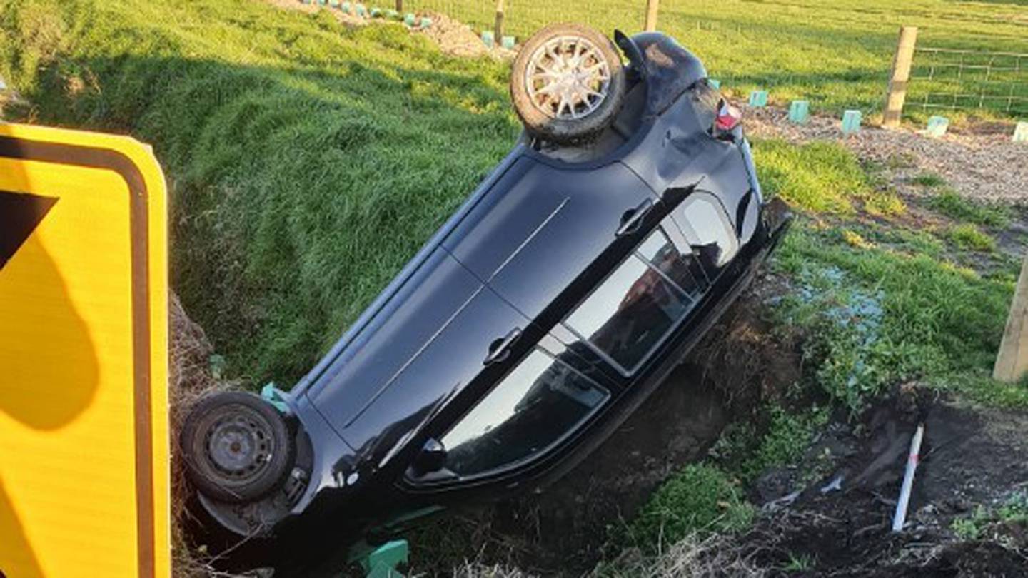 The car ended upside down in a ditch between Halswell and Lincoln. Photo / Supplied