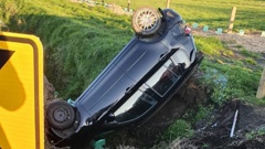 The car ended upside down in a ditch between Halswell and Lincoln. Photo / Supplied