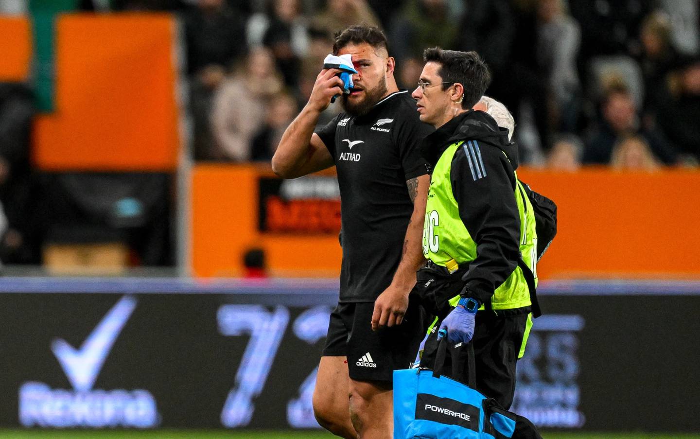 Angus Ta'avao leaves the field after a head clash which led to a red card. Photo / Photosport