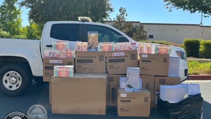 Police recovered 14 boxes of Labubus from a house in San Bernardino County, California. Photo / City of Chino Police Department
