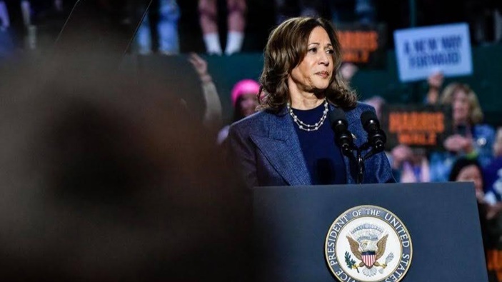 Vice President Kamala Harris holds a campaign rally at the Jenison Field House on the campus of Michigan State University in East Lansing, MI on November 3, 2024 in the final days before the election. (Photo by Adam James Dewey/Anadolu via Getty Images)