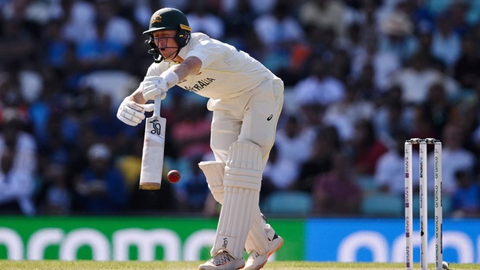 Marnus Labuschagne survived several spiteful deliveries to keep Australia in command on day three of the World Test Championship final against India at The Oval in London. Photo / Getty Images